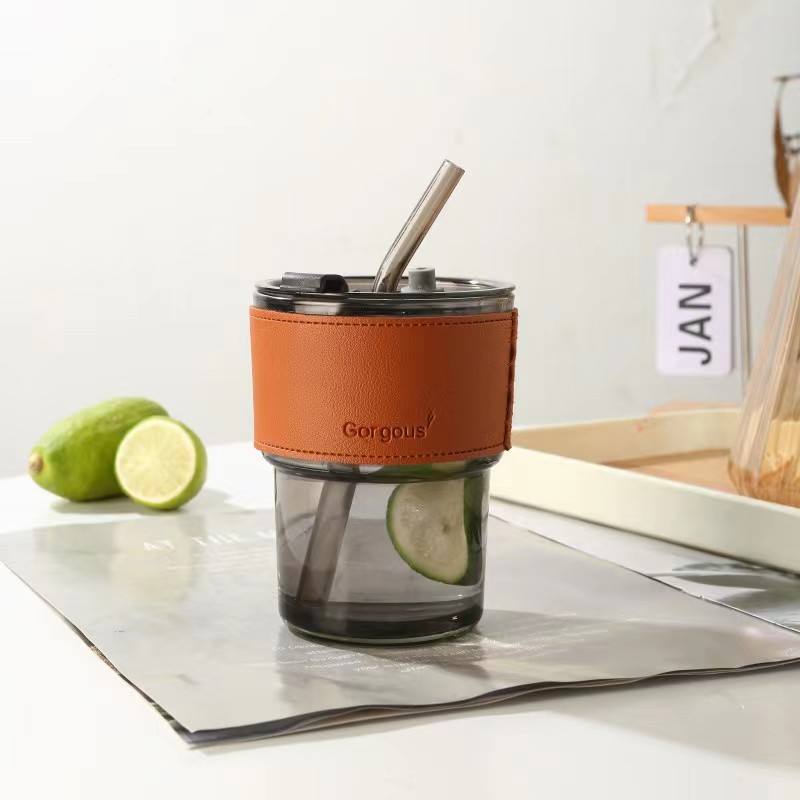 Tasse en verre avec couvercle et pailles anti-fuite
