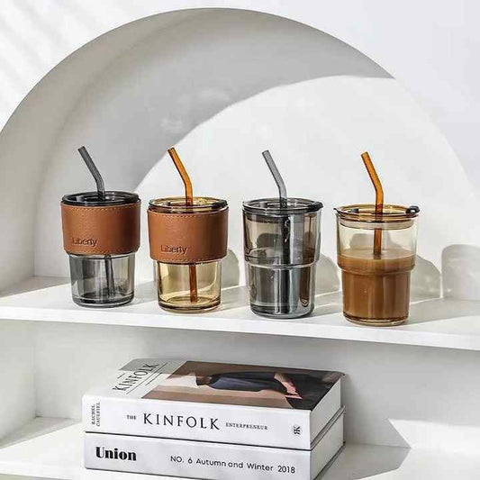 Tasse en verre avec couvercle et pailles anti-fuite